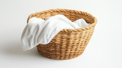 A woven rattan laundry basket, isolated on white background,