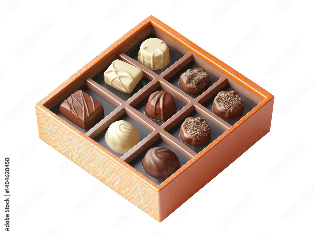 Poster assorted chocolate box with handcrafted truffles in an elegant packaging displaying various deliciou