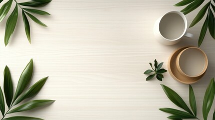 A clean minimalist workspace features a white mug teacup wooden coasters and vibrant green tropical leaves arranged on a light wood table providing ample copy space.
