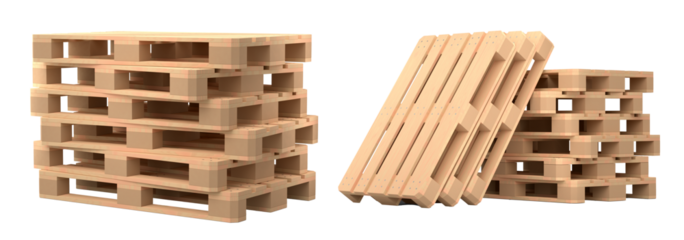 Set of wooden pallet for warehouse cargo storage isolated on white background. 3d render of tray for cargo loading and transportation, freight delivery, warehousing service equipment