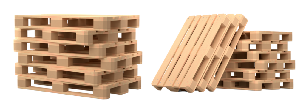 Set of wooden pallet for warehouse cargo storage isolated on white background. 3d render of tray for cargo loading and transportation, freight delivery, warehousing service equipment