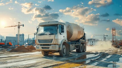 A large orange truck is driving down a muddy road. The truck is carrying a large load of cement