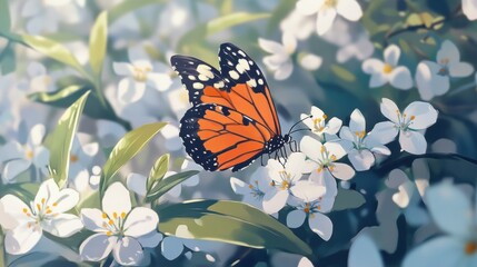 Monarch Butterfly on White Flowers