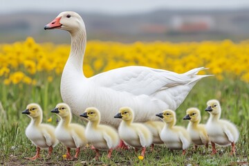 Obraz premium Goslings follow mother after rain