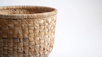 A woven rattan laundry basket, isolated on white background, natural tones, commercial product photo for home & lifestyle branding