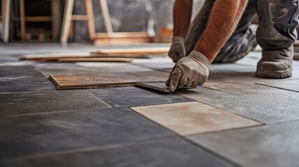 Mason laying tiles on a floor. Featuring tile laying and surface work