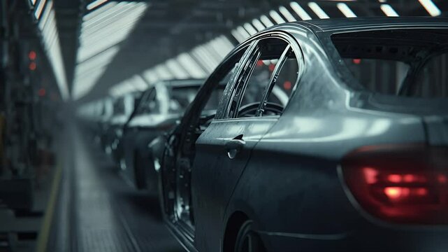 Car frames line up in a vast automotive factory, ready for final touches and assembly