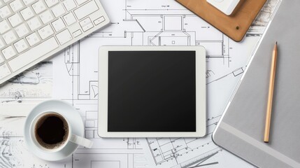 Architect's Workspace with Tablet and Blueprint
