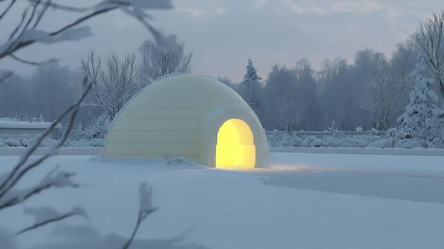 An illuminated igloo glows amid a snow-covered winter landscape, surrounded by frosted trees under a soft, pastel-colored sky