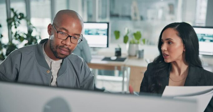 Collaboration, colleagues and help for project, computer and conversation for ad campaign or online. Business, web and media coordinator with tech for target audience, planning and meeting for people