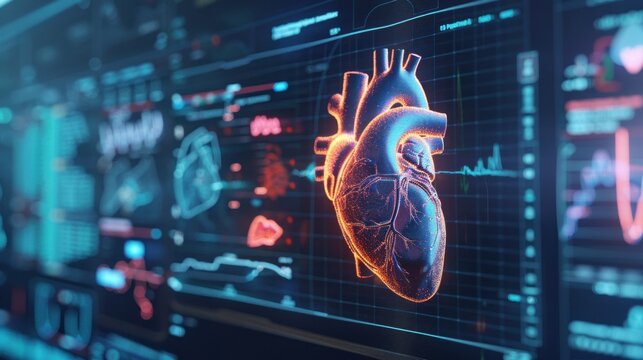 Modern medical technology of heart disease on computer screen display. Generated AI image