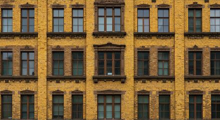Fototapeta premium Golden Brick Facade: Architectural Symmetry & Quiet Strength AI Generated