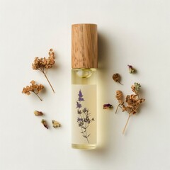 Aromatherapy Roll-On Blend Bottle with Dried Flowers on White Background - Natural Wellness Concept
