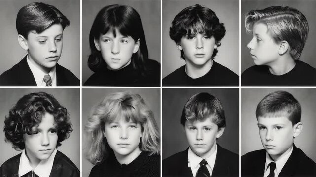 Sepia grid of mid-century yearbook school portraits with children in neat uniforms, emotionless expressions and symmetrical composition, slow dolly inward mimics archival documentation