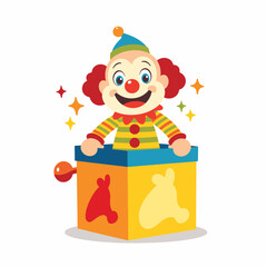 Cheerful clown pops out of jack-in-the-box toy, playful fun