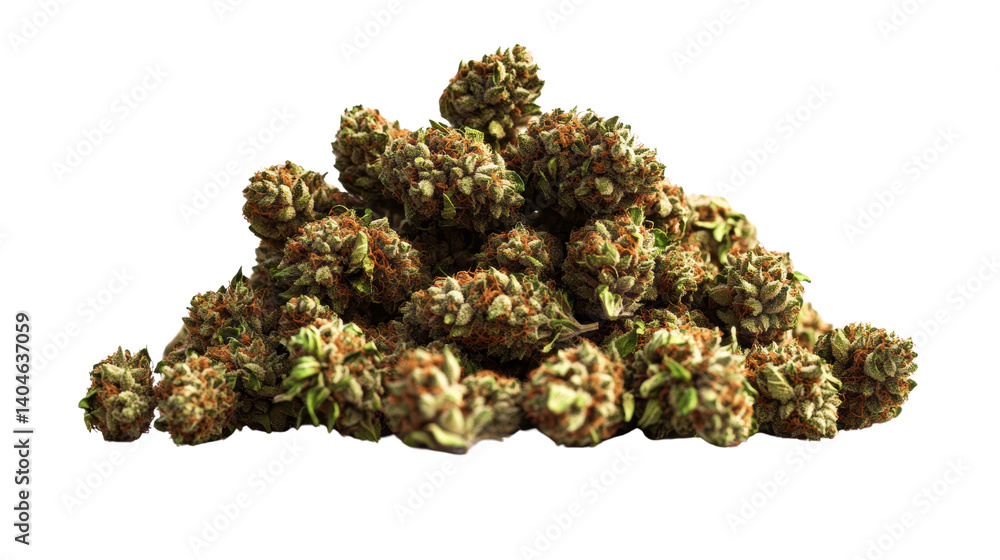 Poster closeup view of piled cannabis buds on a black background displaying their texture and color variati