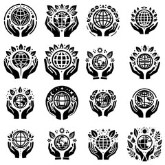 black and white set compilation of eco friendly globe and hands vector illustration on white background 