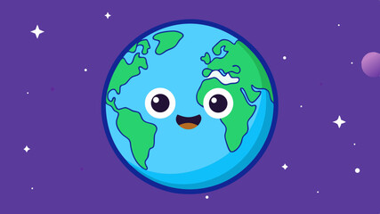 Happy Earth Day Smiling Earth cartoon in space vibrant purple background simple design