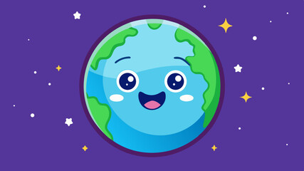 Naklejka premium Happy Earth Day A cheerful cartoon Earth smiles against a purple space background with stars