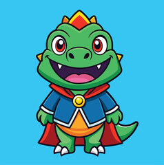 Obraz premium Cartoon Character Mascot Of Happy Green Dinosaur King On Light Blue Background