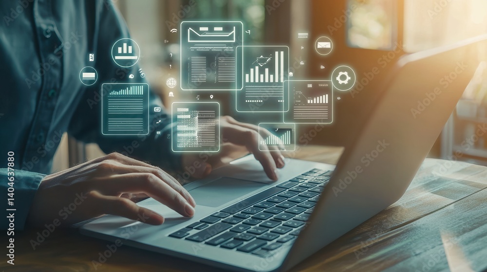 Poster person is typing on a laptop with a screen displaying various graphs