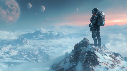 Man in a space suit stands on a snow covered mountain