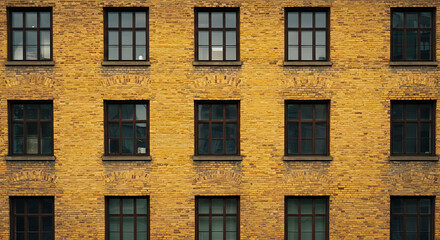 Golden Brick Wall: Rows of Dark Windows, Urban Texture AI Generated
