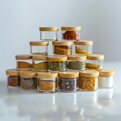 Organized Spice Collection: Stacked Glass Jars with Bamboo Lids Filled with Colorful Herbs and Seasonings