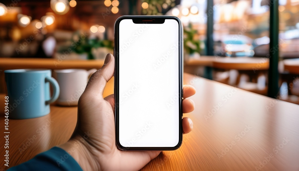Poster modern smartphone with a white screen ready for custom content, photographed in a cafe setting. gene