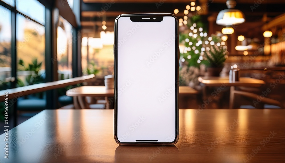 Poster modern smartphone with a white screen ready for custom content, photographed in a cafe setting. gene
