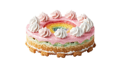 Colorful rainbow layer cake with whipped cream and icing on a black background perfect for celebrations and parties