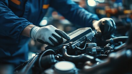 Mechanic diagnosing car engine problems with scanner. Featuring expertise and technology