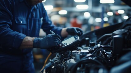 Mechanic diagnosing car engine problems with scanner. Featuring expertise and technology