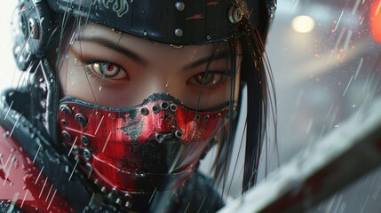 3d rendering closeup a beautiful japanese ninja girl with mask in cyberpunk style. Generate AI
