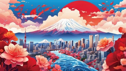 Traditional Symbols in an Illustration for Showa Day in Japan