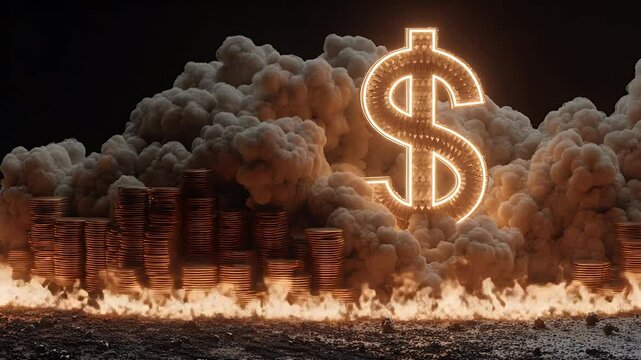Golden stacks with glowing symbol are consumed by smoke and flames, inferring financial ruin and risk