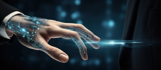 3D rendering Robot hand contact with human hand on dark background. AI generated image