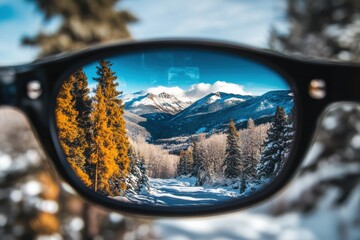 Creative sunglasses lens showcases mirrored pine valley and snow capped mountains during an adventurous outdoor expedition