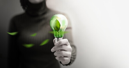 Green Energy, Renewable and Sustainable Resources in Environmental Concept. Woman holding a Green Leaf with Light Bulb