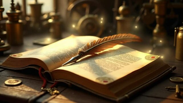 Feather quill writing in an antique open book