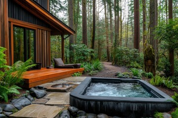 Relaxing hot tub nestled in a tranquil forest setting near a modern cabin