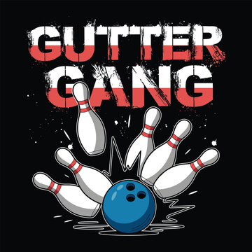 Bold and playful "Gutter Gang" bowling t-shirt design featuring retro typography and bowling pins and ball, perfect for team apparel or bowling enthusiasts.