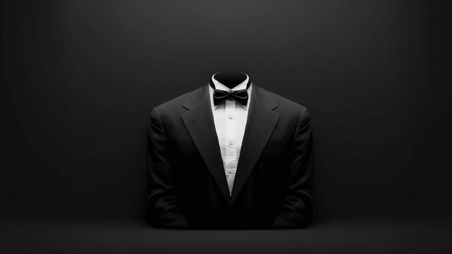 An elegant black tuxedo and bow tie stand against a stark black background, creating a sophisticated and stylish visual