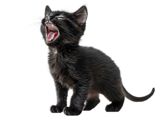 Black kitten arching its back and hissing on white background