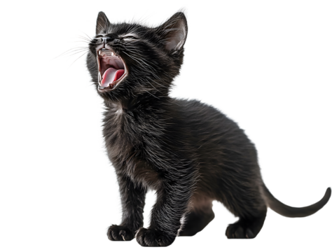 Black kitten arching its back and hissing on white background