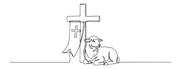 lamb with banner and cross one-line art with a sleek finish