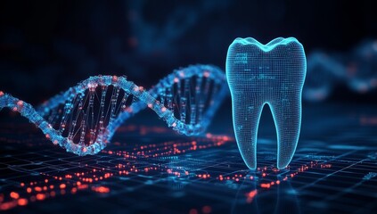A white tooth overlaid with a digital grid and a DNA strand, representing technological advancements in dentistry. Concept: Digital dentistry, innovation, and dental technology
