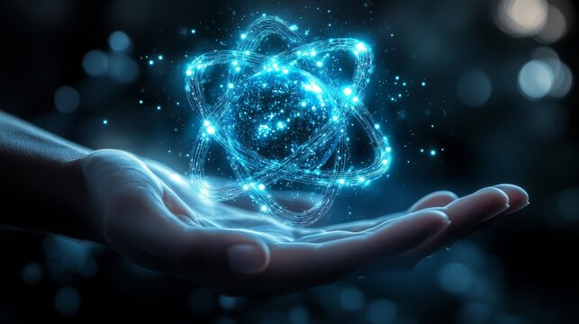 A conceptual depiction of a scientist's hands grasping a nuclear atom hologram