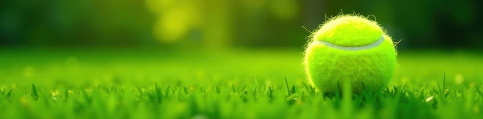 Fuzzy yellow tennis ball rests on lush green grass, sunlight, scene, close-up