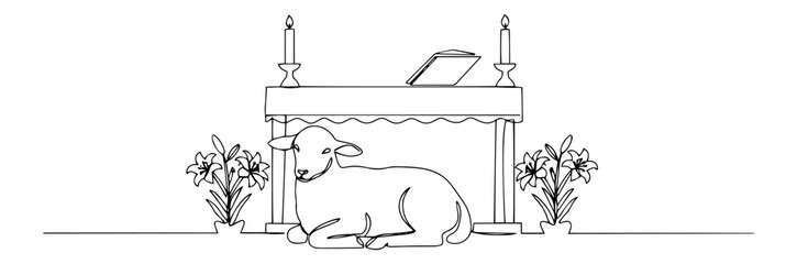 altar with lamb bread and candles monoline illustration